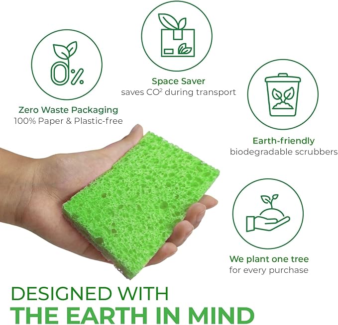 AIRNEX Biodegradable Scrubbing Pads for Dishes - Pack of 24 Coconut Fiber Scrub Pads for Dishes - Non Scratch Scouring Pads for Pots and Pans with Pack of 16 Cellulose Compressed Sponges
