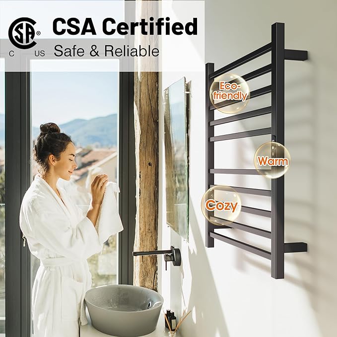 Poloma Wall Mounted & Freestanding Towel Warmer Rack for Bathrooms, Electric Heated Towel Rack Heater, Stainless Steel, Matt Black. CSA Certified.