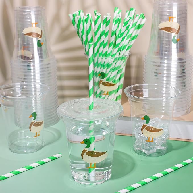 Whaline 50 Pcs Mallard Duck Disposable Plastic Cups with Lids and Straws 12 Oz Cute Green Duck Cold Beverage Drinking Cups for Birthday Baby Shower Party Supplies