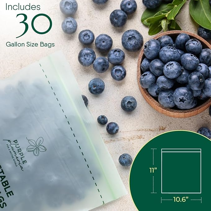 100% Certified Compostable Gallon Bags (30 Counts), Resealable BioBased, Leak Proof And Freezer Safe, Extra Strength Storage, Also Available Gallon, Snack and Sandwich Size Bags (Gallon) | Biobased, Leak-Proof, Durable, Freezer-Safe, Extra Strong