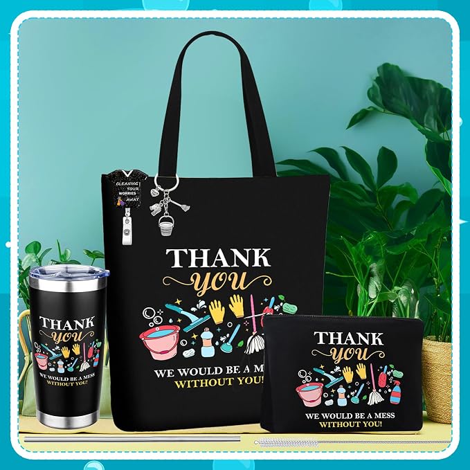 5 Pcs Housekeeping Appreciation Gifts for Women Include 20oz Tumbler Mug Canvas Bag Cosmetic Bag Keychains Badge Holder Housekeeping Week Gifts for Cleaning Lady Housekeepers