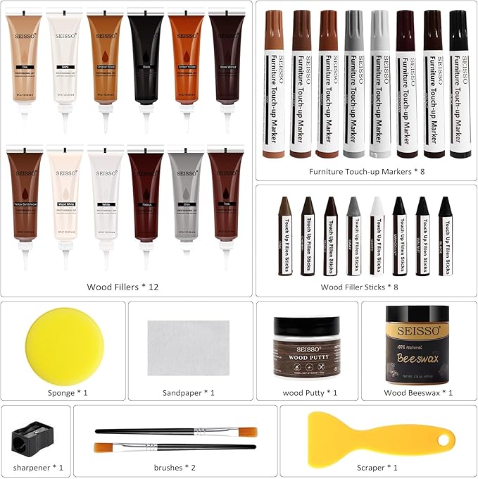 SEISSO Wood Furniture Repair Kit, 12 Colors Wood Fillers, Wood Putty with Beeswax, Furniture Touch Up Markers with Wood Crayons, Hardwood Floor Repair Kit for Stains, Scratch, Cracks, Hole