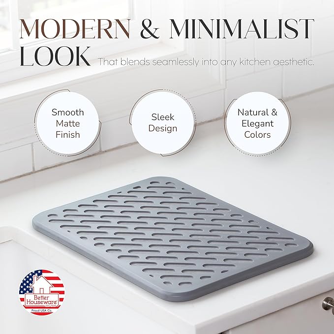 Better Houseware Stone Drying Mat for Kitchen Counter Diatomaceous Earth Dish Drying Mat Self Absorbing Kitchen Mat with Non-Slip Silicone Cover, Super Absorbent Stone Dish Drying Mat