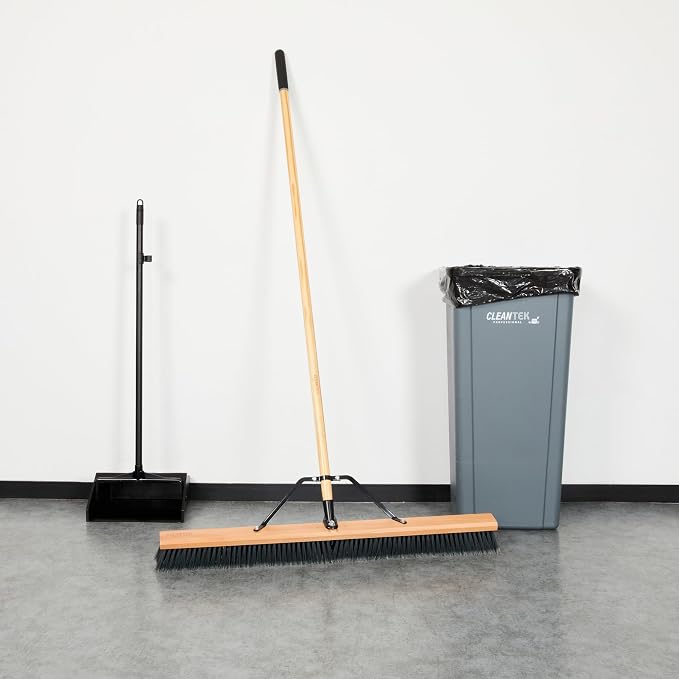 Restaurantware-Clean Tek Professional 36 Inch Push Broom, 1 Heavy-Duty Broom with 60â€ Handle - Medium Plastic Bristles, Durable, Wooden, Commercial Use, for Deck, Driveway, Garage, Yard, Patio
