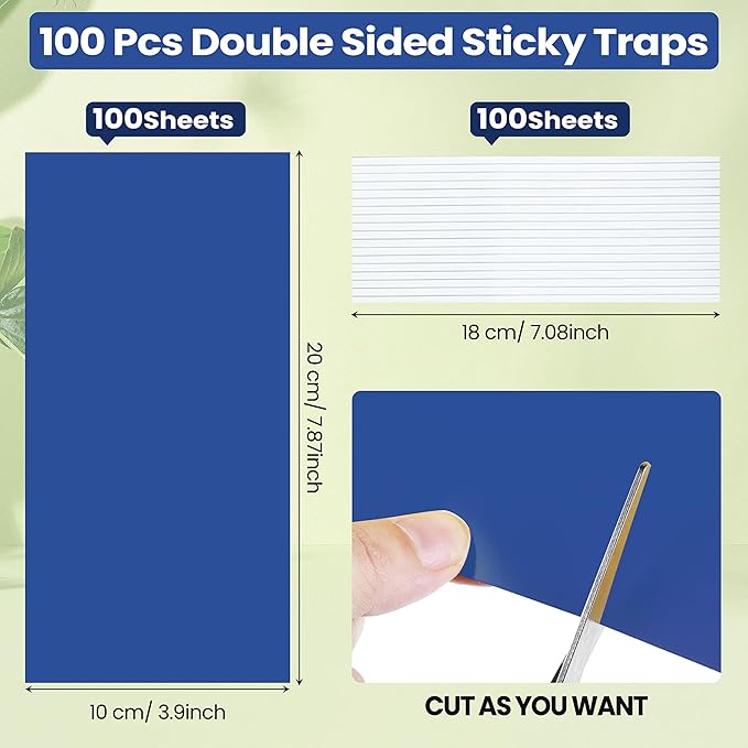Qualirey 100 Pcs 7.87 x 3.9 Inch Blue Sticky Traps for Thrips Double Sided Sticky Trap for Gnats Plant,Thrips, Aphids, and Black Flies with Twist Ties,Indoor and Outdoor