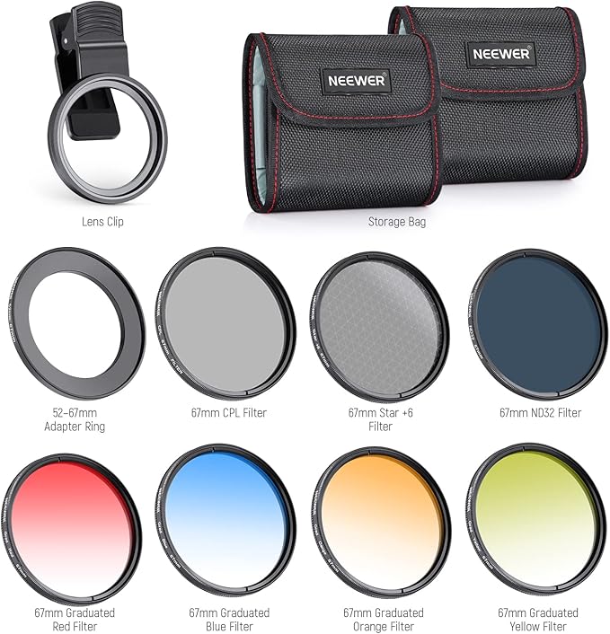 NEEWER 67mm ND + CPL + Star + 4 Graduated Color Filter Set with Phone Lens Clamp Compatible with iPhone 17 16 16e 15 14 Pro Max Plus Android Samsung S25 Ultra