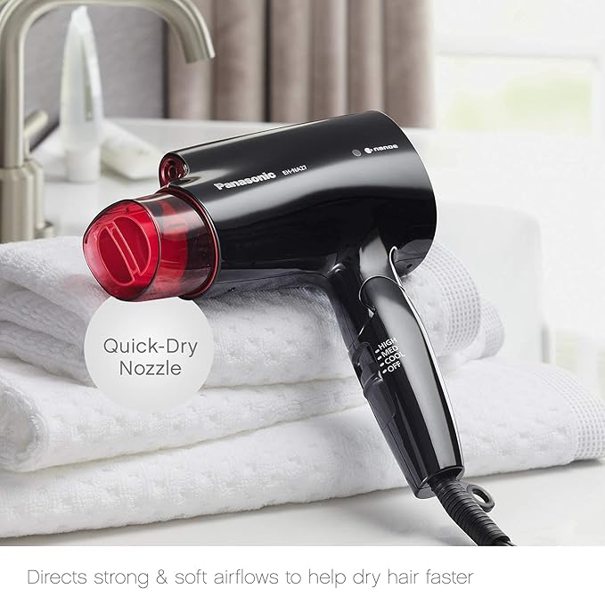 Panasonic nanoe Compact Hair Dryer for Healthy-Looking Hair, 1400W Portable, Folding Handling and Quickdry Nozzle for Fast Drying – EH-NA27-K (Black/Pink)