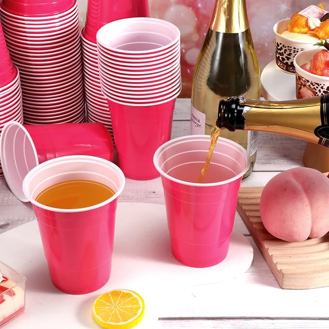 Lounsweer 100 Pcs 16 oz Disposable Party Cups Plastic Heavy Duty Drinking Water Cups for Birthday Baby Shower Wedding BBQ Picnic Party Supplies(Pink)