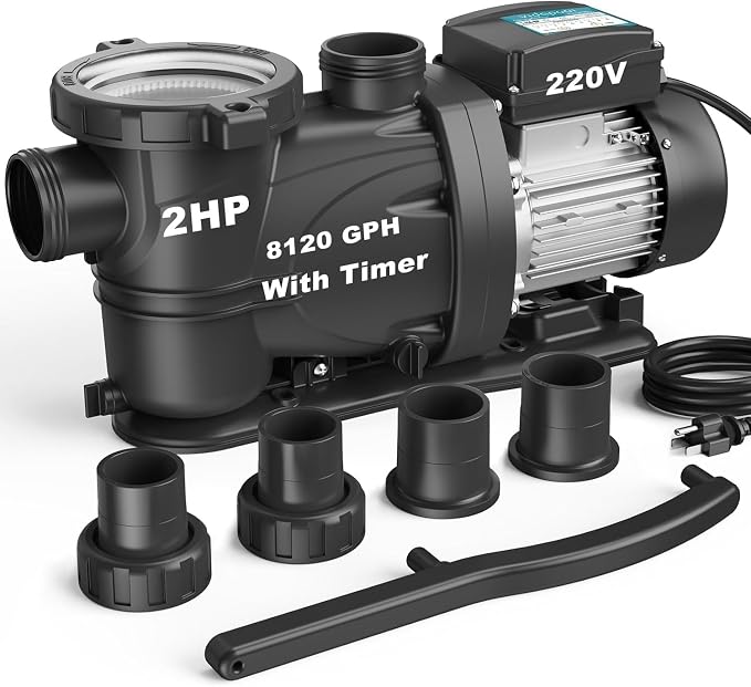 2HP In/Above Ground Pool Pump with Timer 8120GPH High Flow 220V Powerful Self Primming Swimming Pool Pumps with Filter