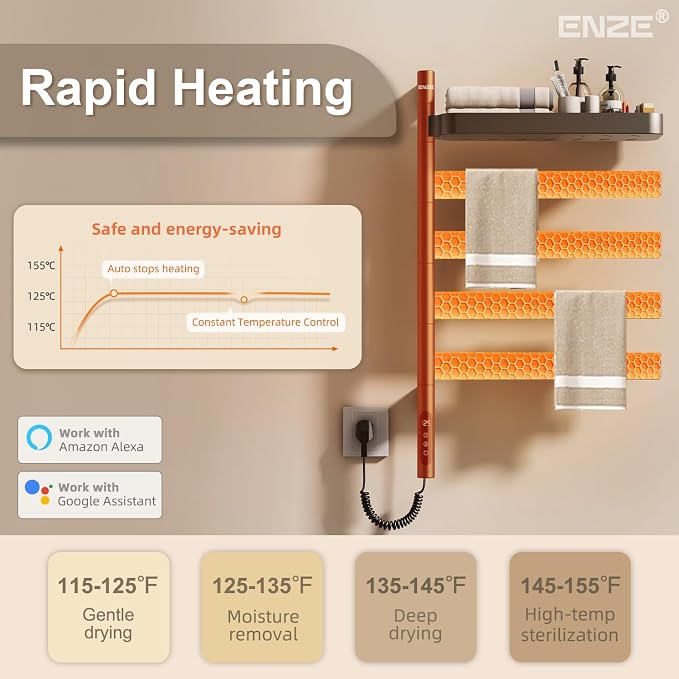 ENZE Smart Rotating Heated Towel Rack for Bathroom, 4-Bar Wall-Mounted Electric Towel Warmer with Swivel Shelf, Wi-Fi App Control, 24H Timer, Stainless Steel, IPX5, Hardwired/Plug-in, Gray