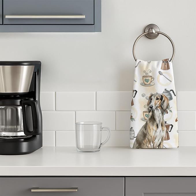 Caroline's Treasures Grizzle Saluki Coffee Bar Kitchen Towel Velour Plush Front and Cotton Loop Back Machine Washable