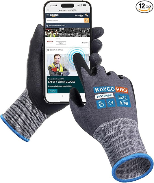 KAYGO Safety Work Gloves MicroFoam Nitrile Coated,12 Pairs KG18NB,Seamless Knit Nylon Glove with full fingers Touchscreen, Ideal for General Purpose,Automotive,Home Improvement,Black,M