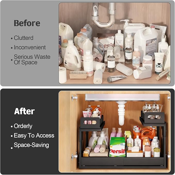 Expandable under cabinet organizer, 2-Tier under sink organizer with Reinforced Ball-Bearing slide rail, Slide-Out sink Shelf Height Adjustable, Durable and rust-proof for Kitchen & Bathroom