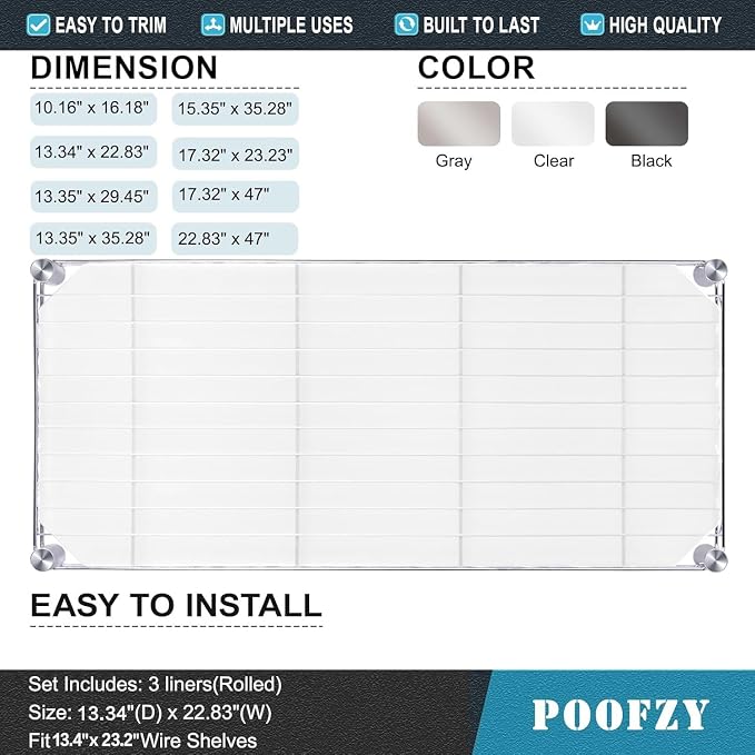 Poofzy Wire Shelf Liner 14" X 24", Non-Adhesive Plastic Shelf Liners for Wire Shelving, Waterproof Protector Mats (5PK, Clear)