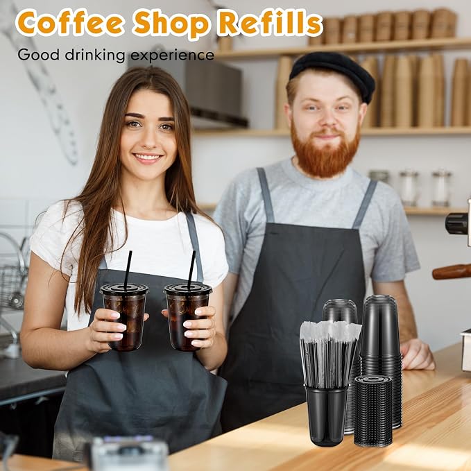 Ziliny 25 Set Black Plastic Cups with Lids and Straws, Disposable Iced Coffee PET Cups for Drinking Cold Beverage Juice Parfait Smoothie Milkshake Coffee Shops Party Supplies (16 oz)