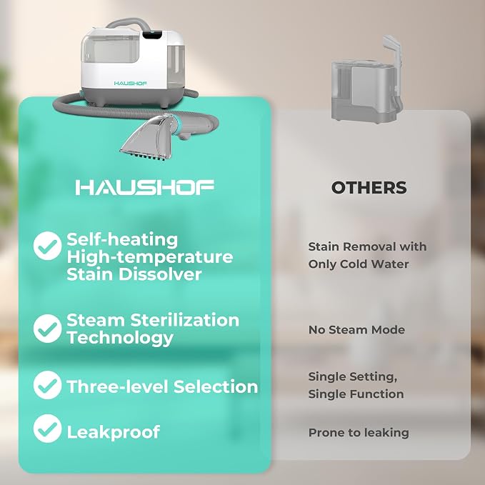 HAUSHOF Steam Carpet and Upholstery Cleaner, Include Spot & Stain Cleaner（US plug）, Medium, White, HH24016AE
