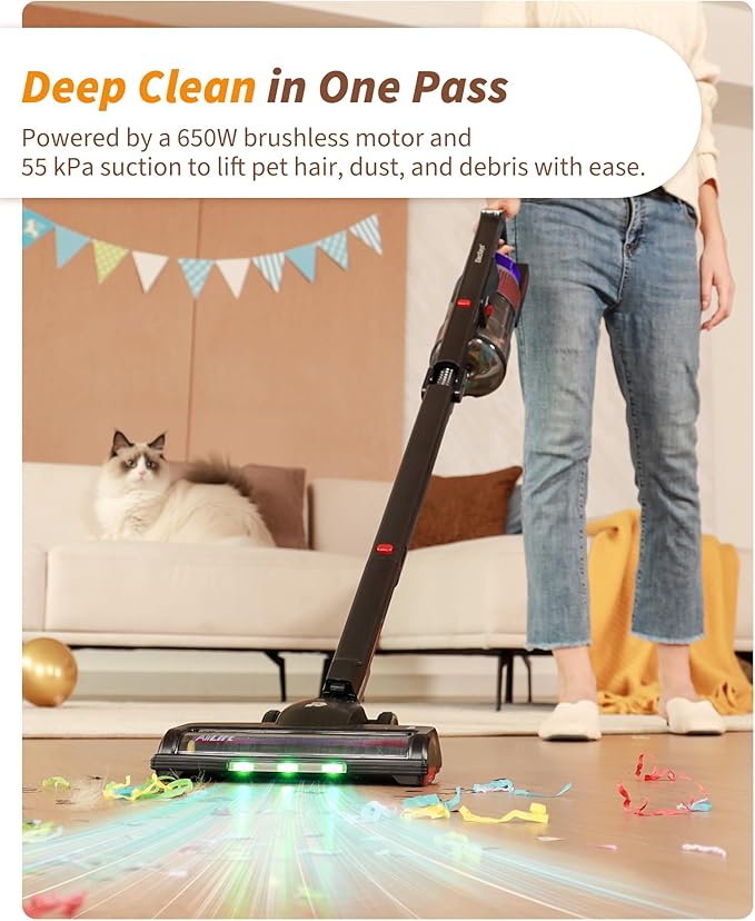 ElecKeys 650W Cordless Vacuum Cleaner for Home, Pet Hair & Hardwood Floors, 55KPa Lightweight Vacuum Cleaners with 65 Mins Runtime, Self-Standing, Foldable Tube, Charging Dock & Anti-Tangle Brush