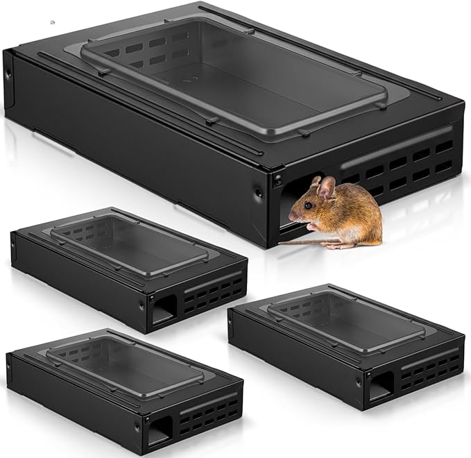 4 Packs Mouse Traps Multi Catch Rat Clear Top Mice Trap Rodent Humanized Black Rat Trap for Indoor Outdoor Control Pet and Security