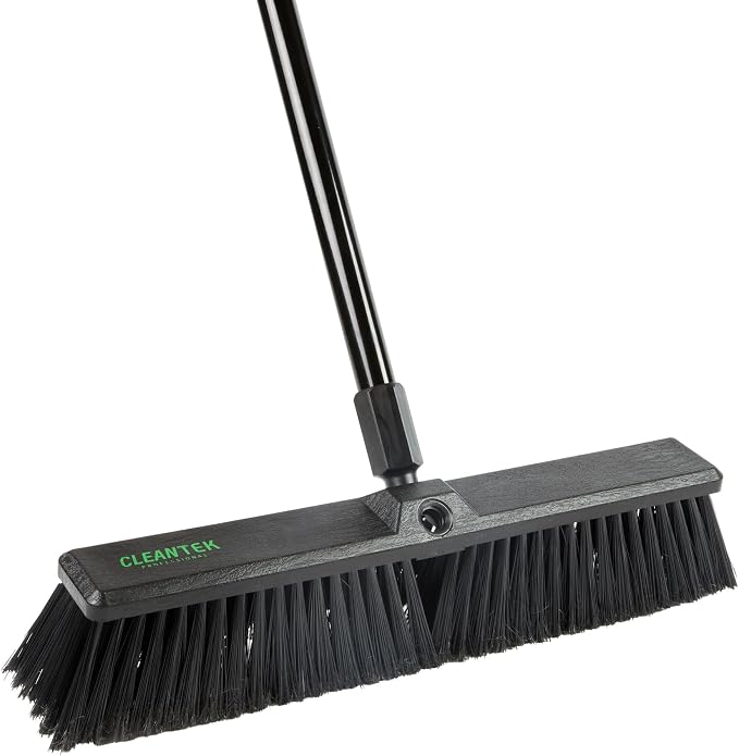 Restaurantware-Clean Tek Professional 17.13 Inch Push Broom, 1 Heavy-Duty Broom with 59” Handle - Fine Bristles, 2 Handle Attachment, Wooden, Commercial Use, for Deck, Garage, Yard, Patio