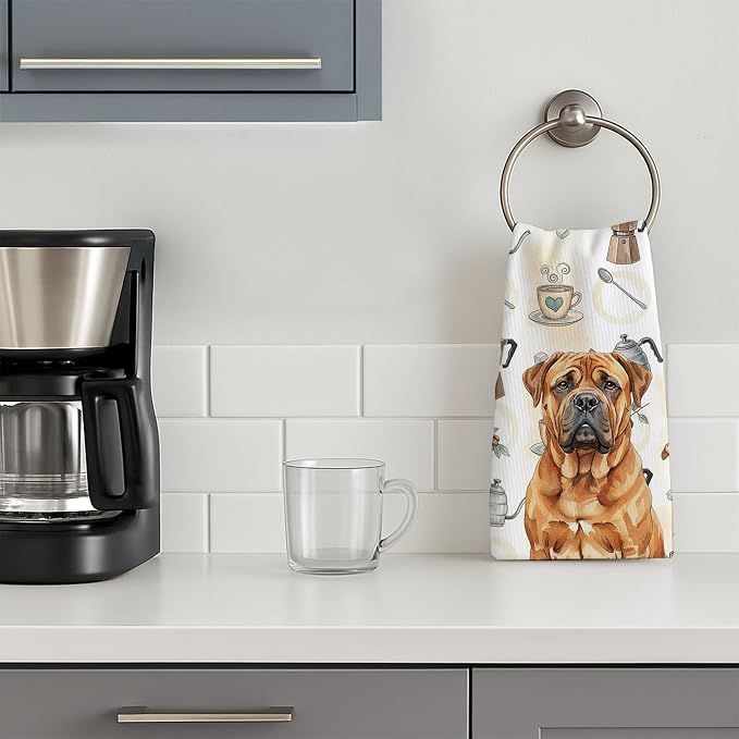 Caroline's Treasures Red Bullmastiff Coffee Bar Kitchen Towel Velour Plush Front and Cotton Loop Back Machine Washable