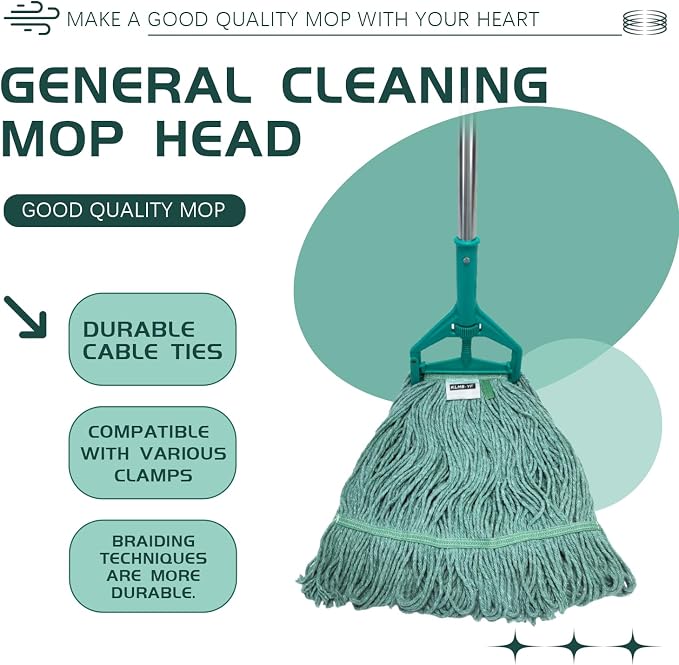 Commercial Cotton Mop Heavy-Duty Industrial with 2 Replacement Heads 152 cm Handle Replacement mop Head (Green)