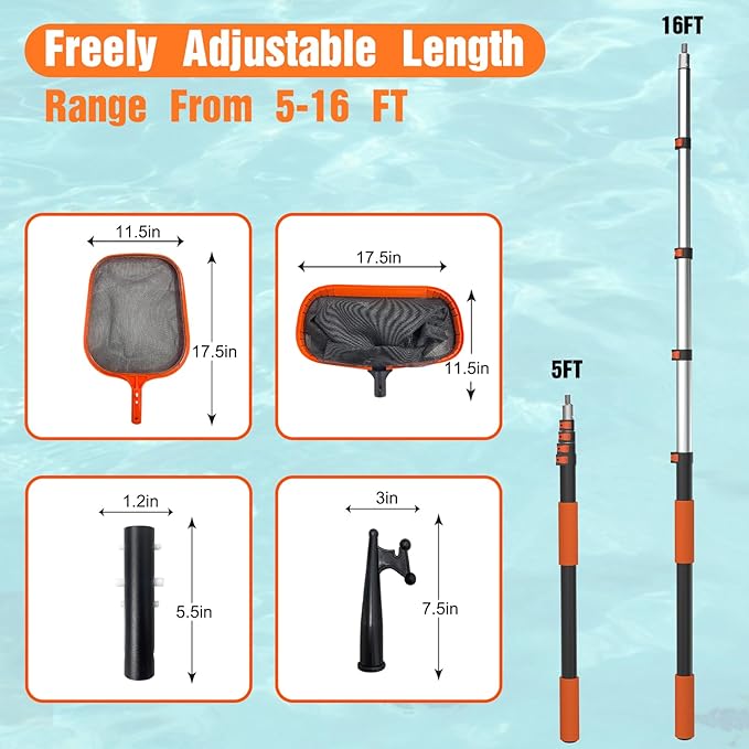 LAANPOLE 4-in-1 Pool Skimmer Net with Pole, Heavy Duty Pool Net and Fine Mesh Leaf Skimmer Net for Above Ground Pool, 16FT Telescopic Pool Pole with Professional Pool Net and Pool Hook for Cleaning
