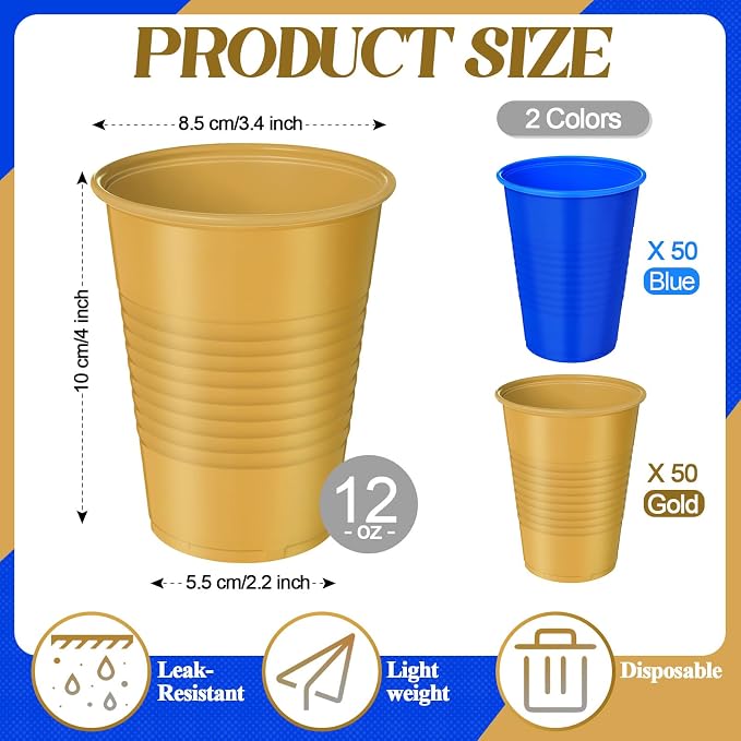 Funnymoom 100 Pcs Blue and Gold Plastic Cups, 12 oz Disposable Party Cups for Graduation, Ceremony, Wedding Reception, Birthday Party Supplies