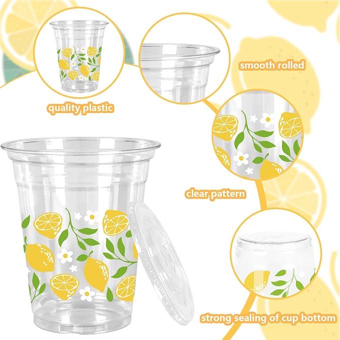 FYSUIMU 50Pcs 12Oz Lemon Floral Plastic Cup with Lid & Straw Yellow Green Flower Clear Disposable Drinking Cup for Summer Party Supplies