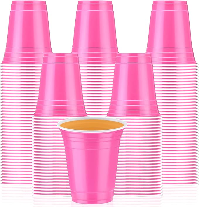 Sabary 100 Pack 12oz Plastic Cups Pink Wedding Heavy Duty Drinking Disposable Cups with Lines for Beverage Graduation Holiday Camping Barbecues Birthday Party Summer Outdoor Picnic(Pink and White)