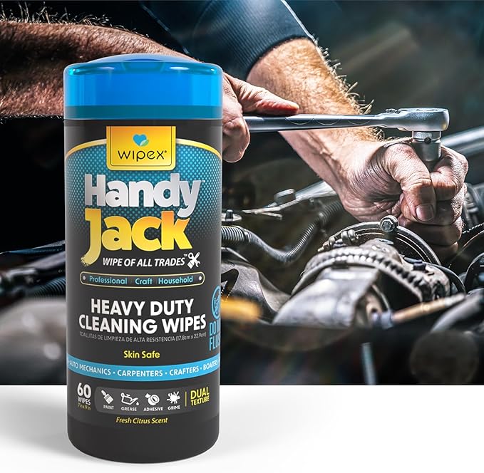 Wipex Handy Jack Degreaser Cleaner Heavy Duty Wipes, Dual Texture Cleaning Cloth for Mechanic Hand Wipes and Surfaces, Clean Tools & Automotive Parts, Paint Remover, Oil, Grease, & Dirt, 60ct Canister