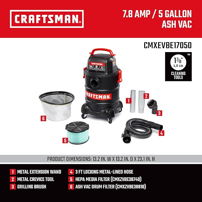 CRAFTSMAN CMXEVBE17050 5 Gallon 7.8 Amp Ash and Grilling Vacuum | Portable Dry Only Shop Vacuum with Drum Filter, Cartridge Filter, Hose and Attachments for Cool/Dry Ash Cleaning