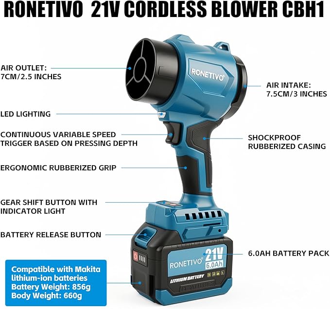 21V Brushless Cordless Blower 6.0Ah 39,500 RPM（Suitable for Makita Batteries.） CBH1