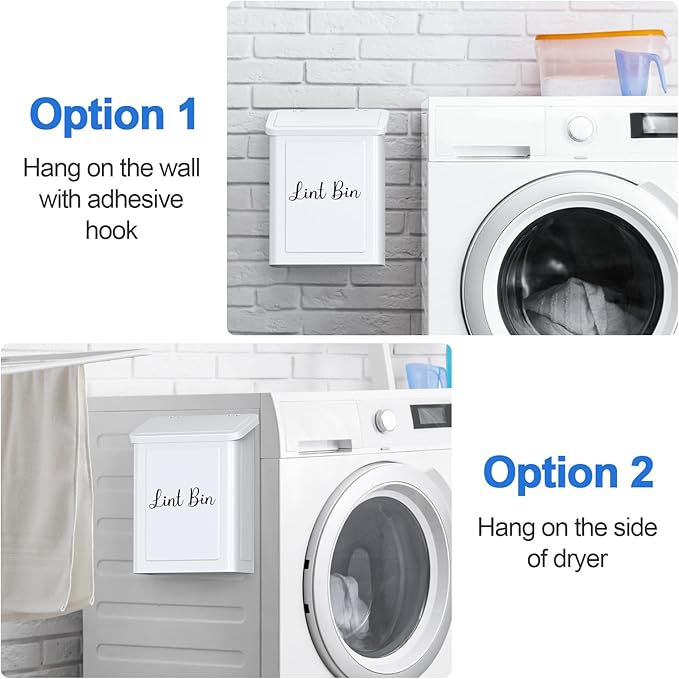Magnetic Lint Bin for Laundry Room, Wall Mounted Metal Lint Box Holder Trash Can with Lid for Dryer, Lint Basket for Laundry Room Organization, White