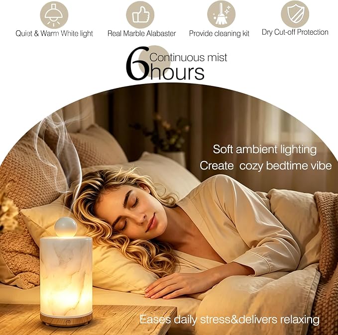 Marble Essential Oil Diffuser Machine Scent Air Humidifier for Home and Bedroom Spas Self Care Wellness Gift Set for Woman Stone Aromatherapy Diffuser (Alabaster, Cylindrical, 100, Milliliters)