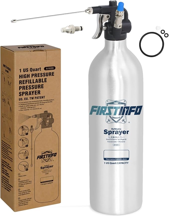 FIRSTINFO A1639 (3rd Gen) Patented Max. Pressure 140psi / 1000ml Thickened Aluminum Canister Refillable Aerosol Spray Can | Pneumatic Compressed Air Sprayer | Wide Mist & JET Spray