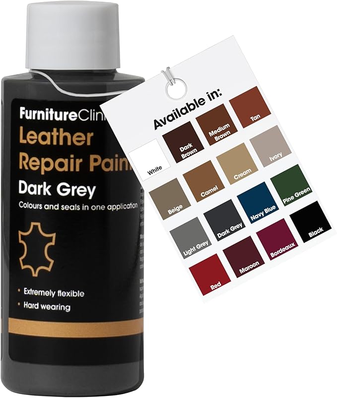 Furniture Clinic Leather Repair Paint | 2-in-1 Seal and Color | Use on Scratches, Tears, and Holes in Car Seats, Furniture | Quick and Easy Leather Repair Kit for Furniture (Dark Grey, 50ml / 1.7oz)