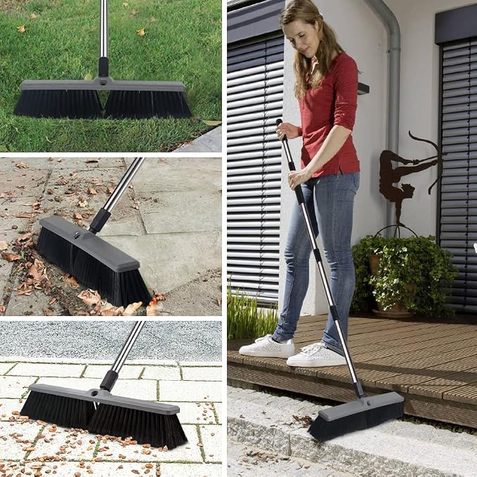 18 Inch Push Broom Brush Outdoor Heavy Duty Broom Stiff Bristles Commercial Outdoor Broom Brush for Cleaning Garage Driveway Yard Patio Deck Concrete Wood Stone Floor with 63" Long Handle
