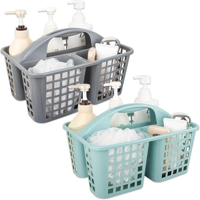 JiatuA Portable Shower Caddy Basket with Compartments Cleaning Supplies Organizer with Handle Plastic Storage Divided Basket Tool Bin for Bathroom, Bedroom, Kitchen, College Dorm, Grey & Light Blue