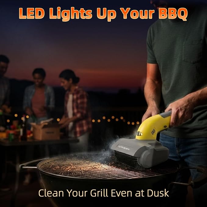 Electric Grill Brush with LED Light,3-in-1 Replaceable Brush Heads, 1200 RPM Speed, Cordless & Type-C Rechargeable Grill Cleaning Tool for Outdoor BBQ(Yellow-Gray)