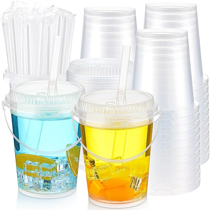 Funnymoom 30 Set 34 oz Clear Drink Buckets with Lids and Straws, Disposable Plastic Rum Cocktail Pails with Handles Large Smoothie Cups for Adult Bachelorette Party Supplies Beach & Catering Events