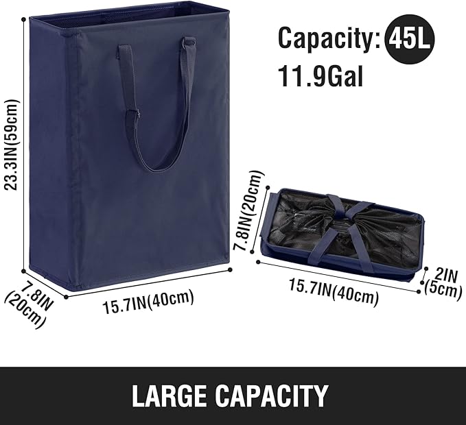 Slim Laundry Hamper with Adjustable Long Handles, 45L Small Laundry Baskets with Mesh Top, Narrow Dirty Clothes Hamper for Bedroom, Closet, and Bathroom - Navy