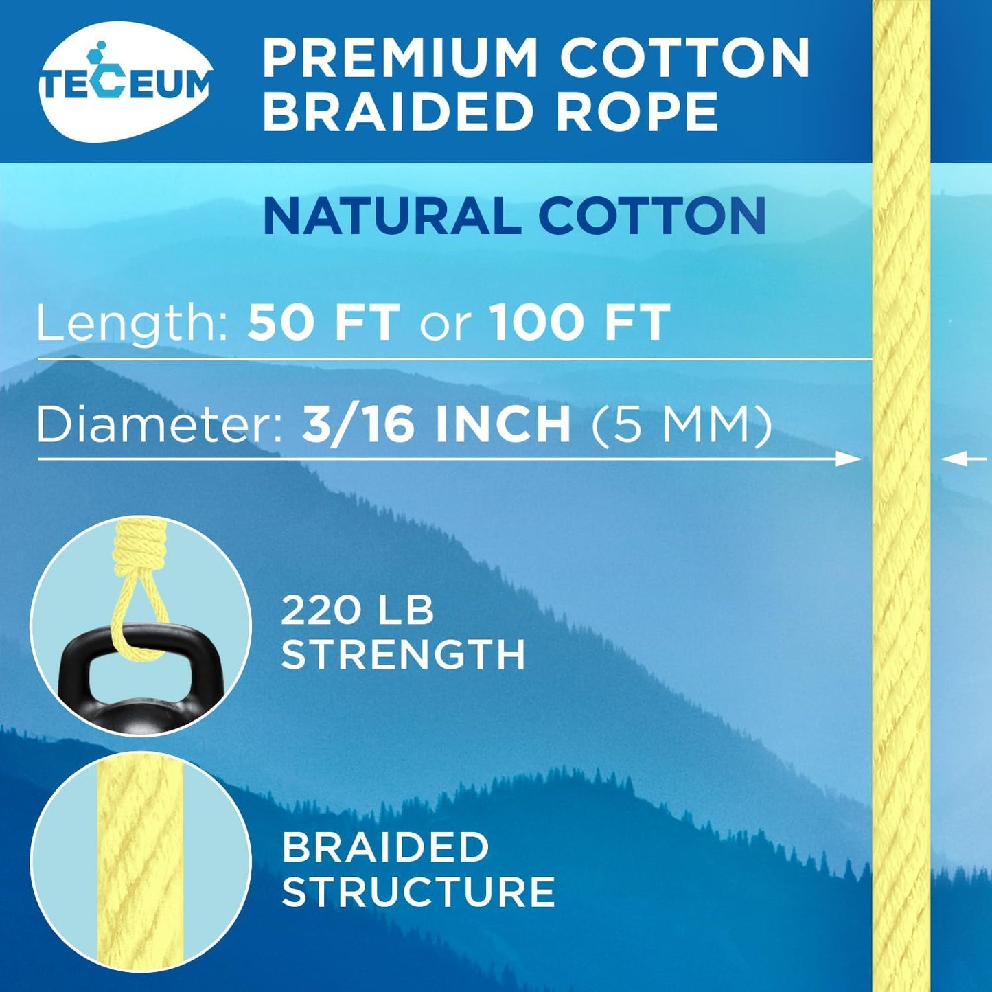 TECEUM Cotton Rope 3/16” (5 mm) – 100 FT – Strong All-Purpose Braided Rope – Natural Cotton – for Crafting, Сamping, Clothes Line, DIY, Indoor & Outdoor Use – Pastel Yellow
