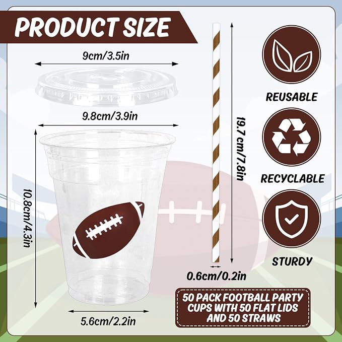 Whaline 50Pcs Football Disposable Plastic Cups with Lids and Straws 12oz Sports Themed Party Cups Cold Beverage Drinking Cups for Sports Team Player Game Day Birthday Party Supplies