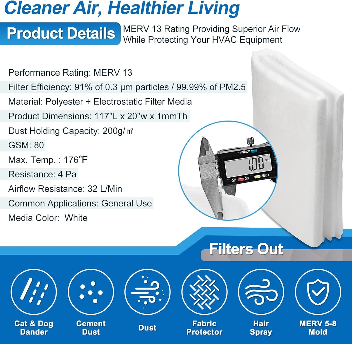 UCINNOVATE 32Ft² MERV 13 AC Vent Filters Kit, 2 Pack 20"x117" Cut to Size Air Filter Material with 125" Installation Tape, Electrostatic Vent Filters for Home Floor HVAC Heating Intake Registers