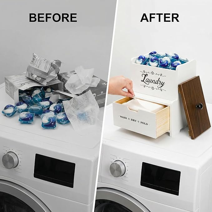 Goaste Dryer Sheet Holder with Drawer, Wood Dryer Sheet Dispenser with Lid, Farmhouse Laundry Pods Container Box, Wall Mount Fabric Softener Organizer for Laundry Room Storage and Organization