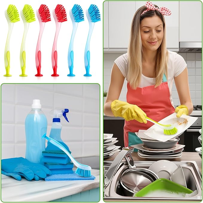 Boao 15 Pieces Long Dish Brush with Handle Assorted Color Dishwashing Brush with Suction Cup Multipurpose Cleaning Tool for Kitchen, Toilet, Etc