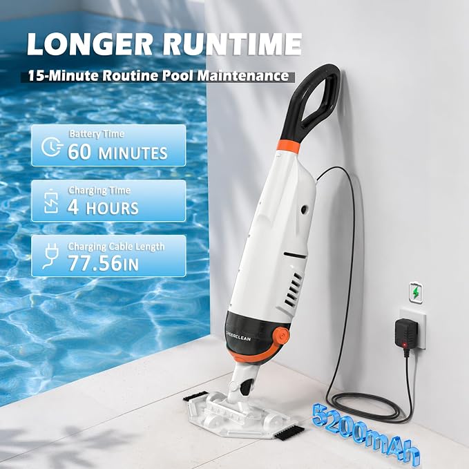 Cordless Handheld Pool Vacuum for Above Ground Pools - Upgraded 26.5GPM Real Suction, Time-Saving Directional-Control, 60min Runtime, 2 Vac Heads & 4 Filter Bags for Hot Tubs & Inground Pools -Orange