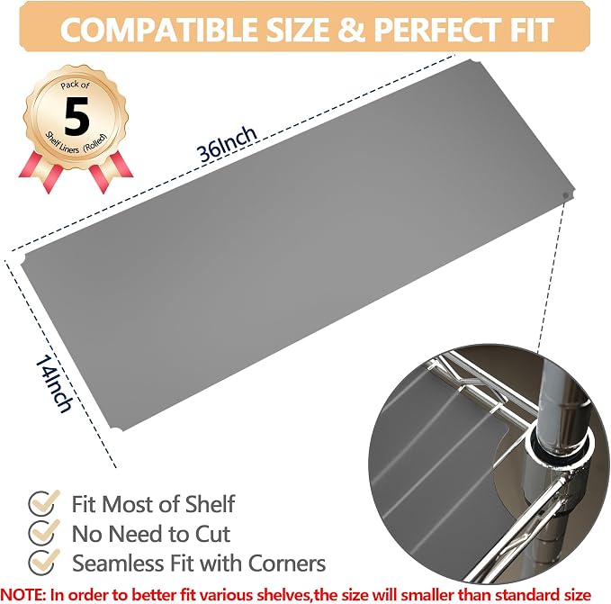 5pcs 14"x36" Plastic Shelf Liners for Wire Shelf Systems – Non-Slip Mats, Grey – Ideal for Kitchen, Pantry & Garage Organizing