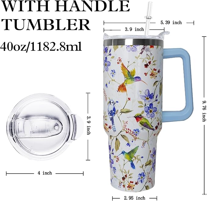 Ceovfoi 40 oz Hummingbird Tumbler with Handle Lid and Straw,Hummingbird Stainless Steel Coffee Tumbler Mug Cup Watter Botter,Bird Gifts for Bird Lovers Women, Hummingbird Stuff/Accessories