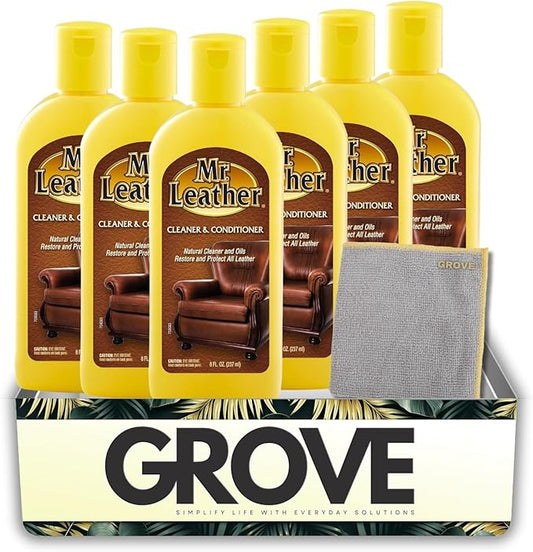 6x Mr. Leather Original Scent Leather Cleaner and Conditioner 8 oz Liquid Bundle with Microfiber Cloth – Cleans and Conditions for Furniture, Car Seats, and Accessories – Gift Set (7 Items)